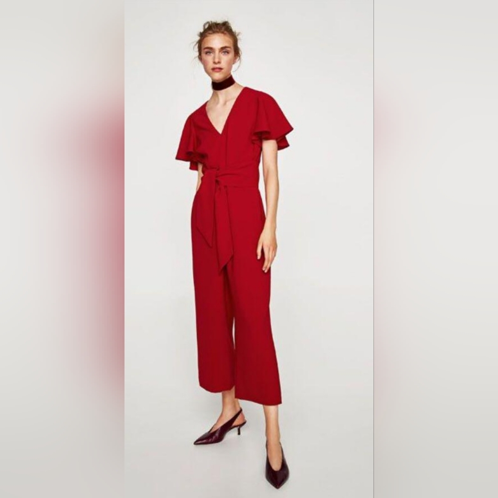 Zara red flowing jumpsuit with bow